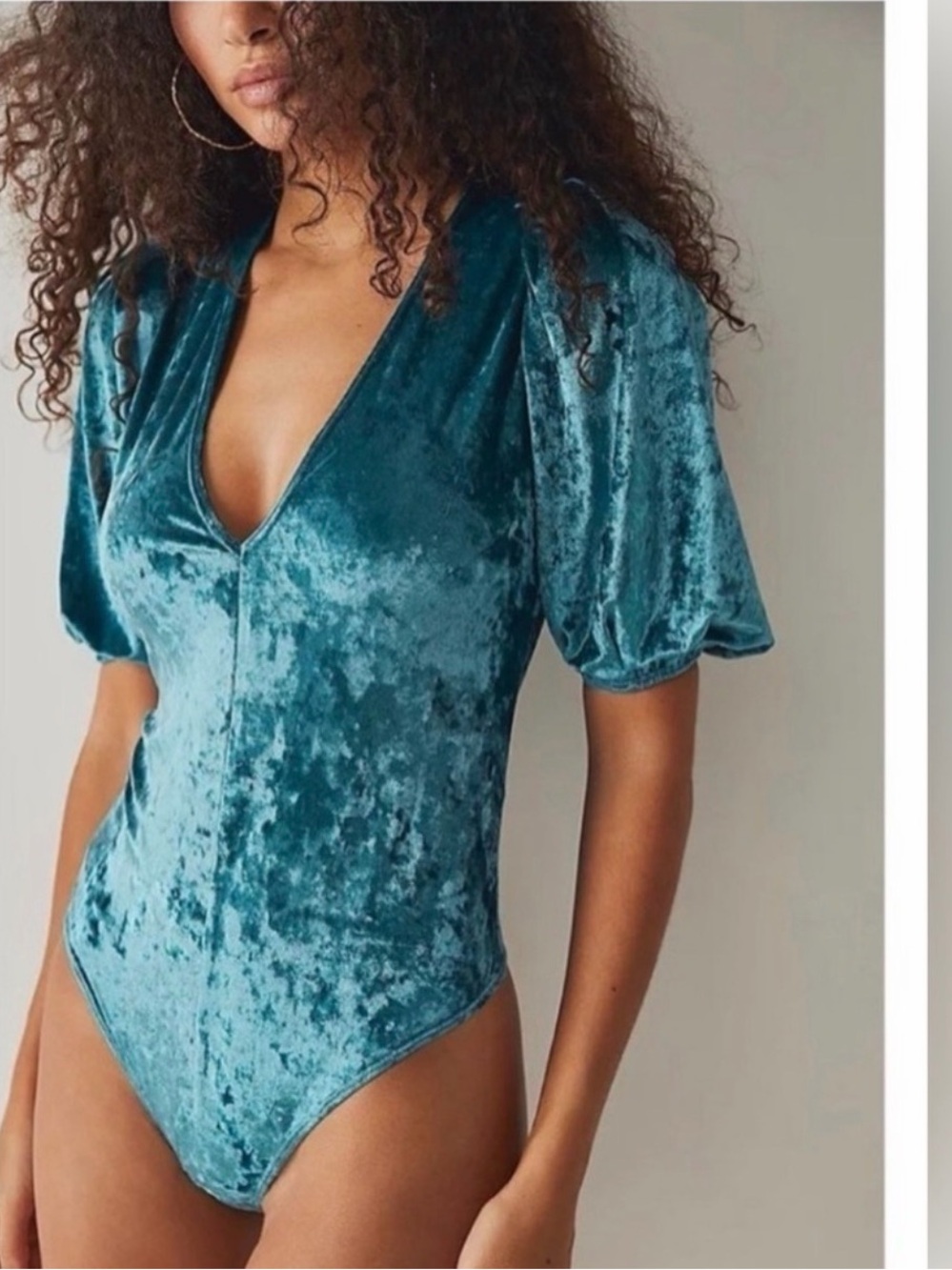 Free People NWT Teal Crushed Velvet Puff Sleeve Bodysuit Small